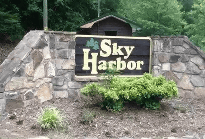Entrance sign to Sky Harbor, a luxury resort community in the Smoky Mountains, Tennessee
