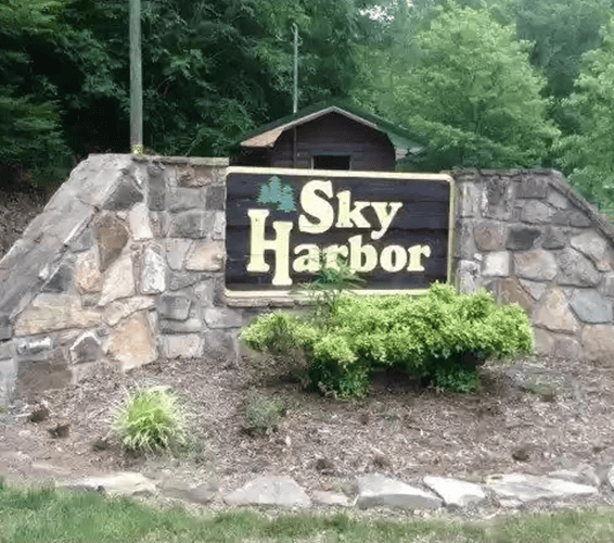 Entrance sign to Sky Harbor, a luxury resort community in the Smoky Mountains, Tennessee