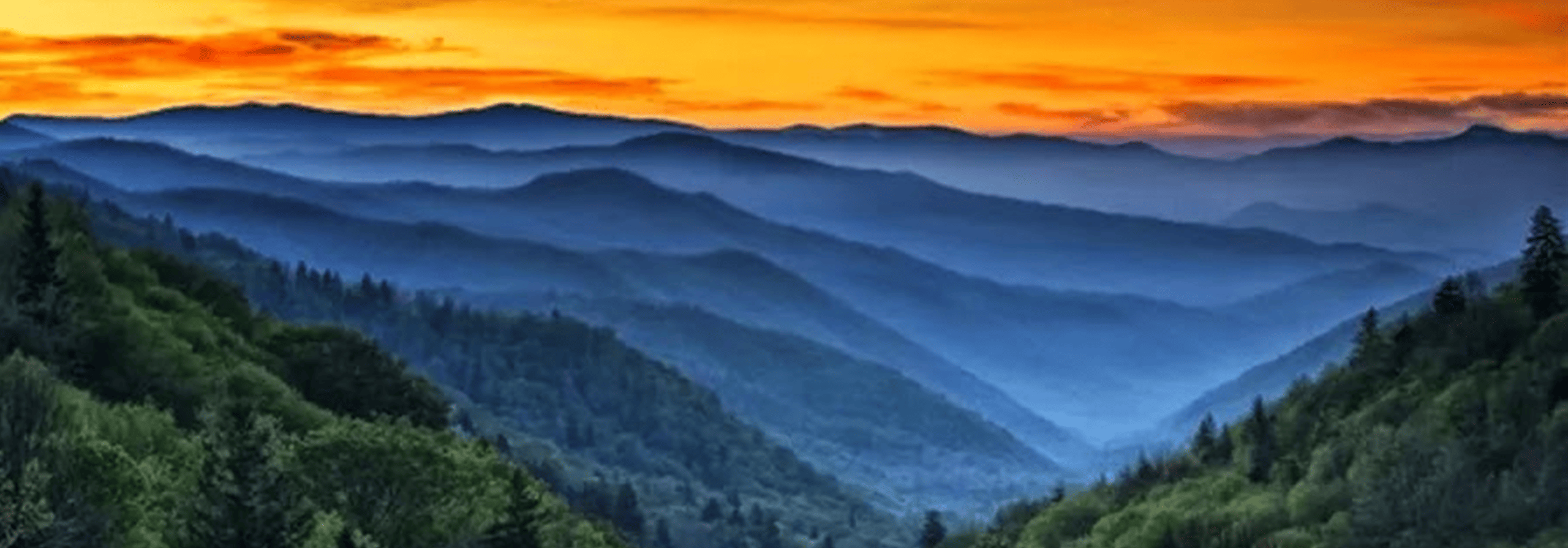 View of the sunrise over the Great Smoky Mountains near Sevierville, TN